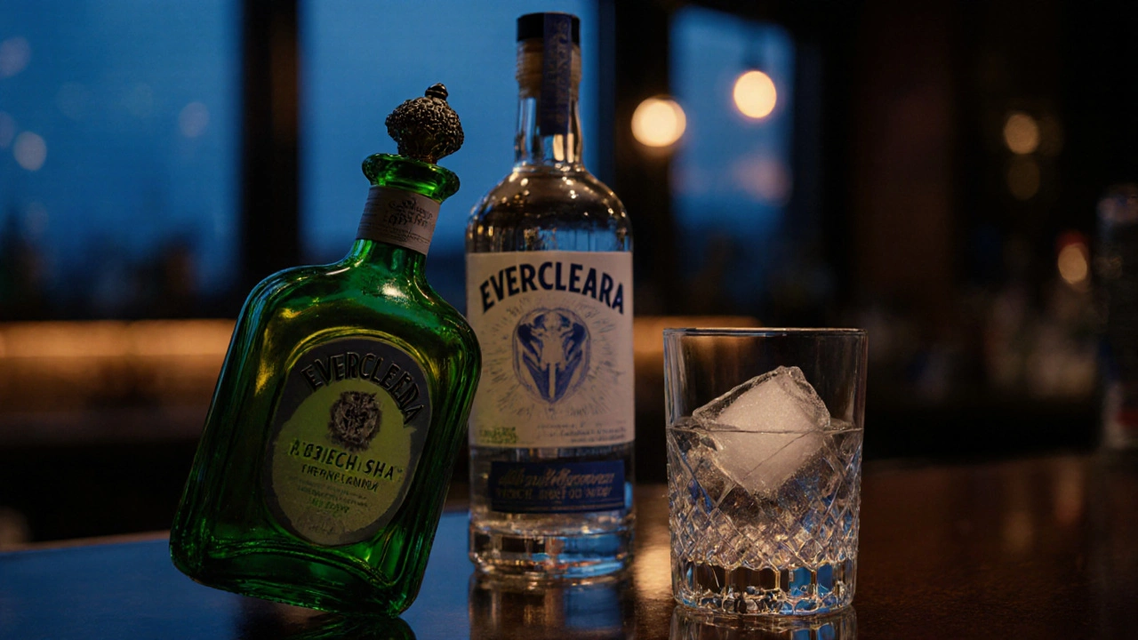 Bar mit grüner Absinthflasche, klarer Everclear‑Flasche und Cocktailzubehör.
