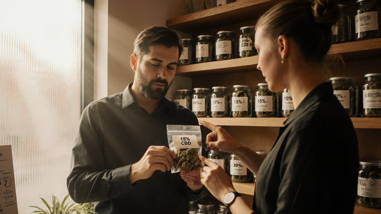 Bild einer Person, die in einem Laden CBD‑Blüten mit 15 % CBD auswählt.