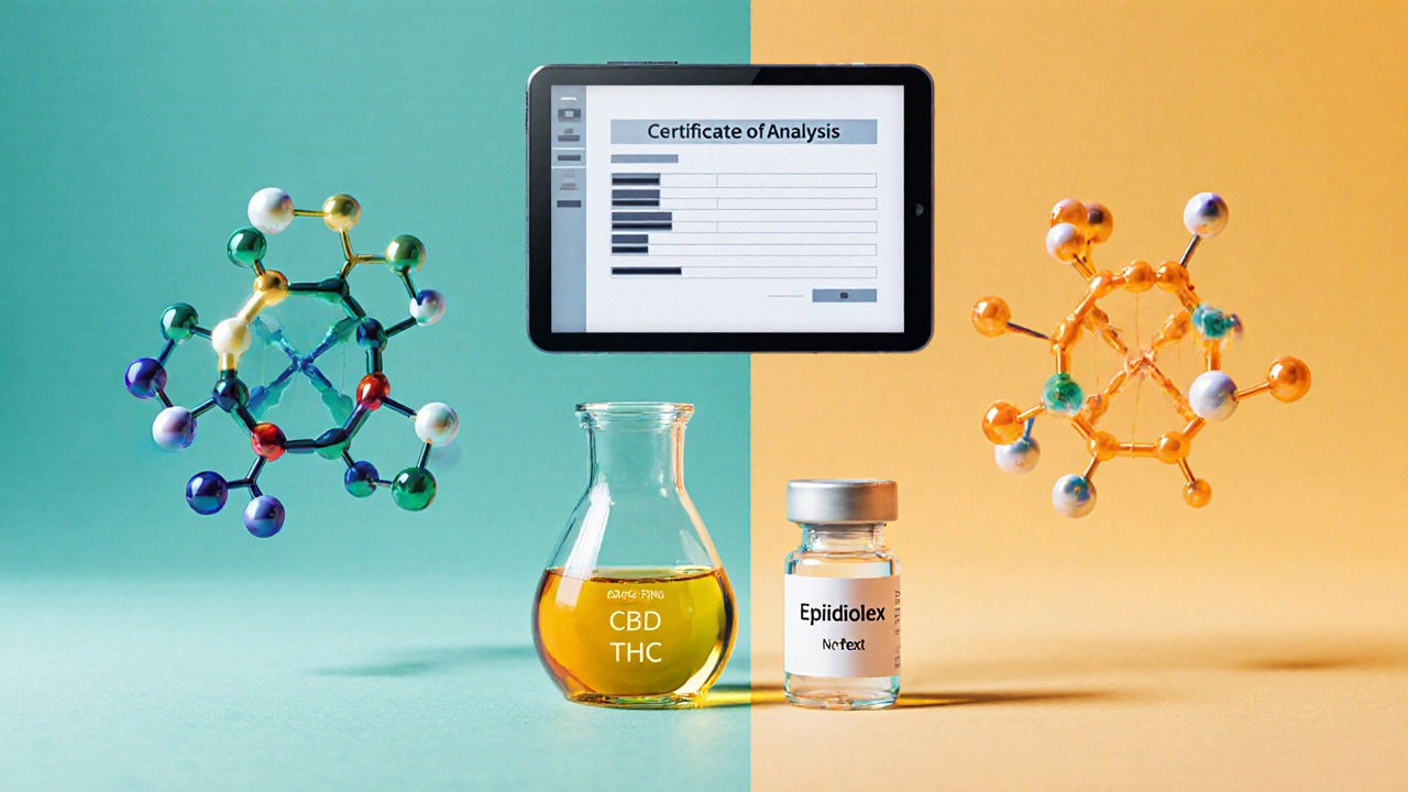CBD‑ und THC‑Moleküle neben einer Laborprobe und Analysezertifikat.