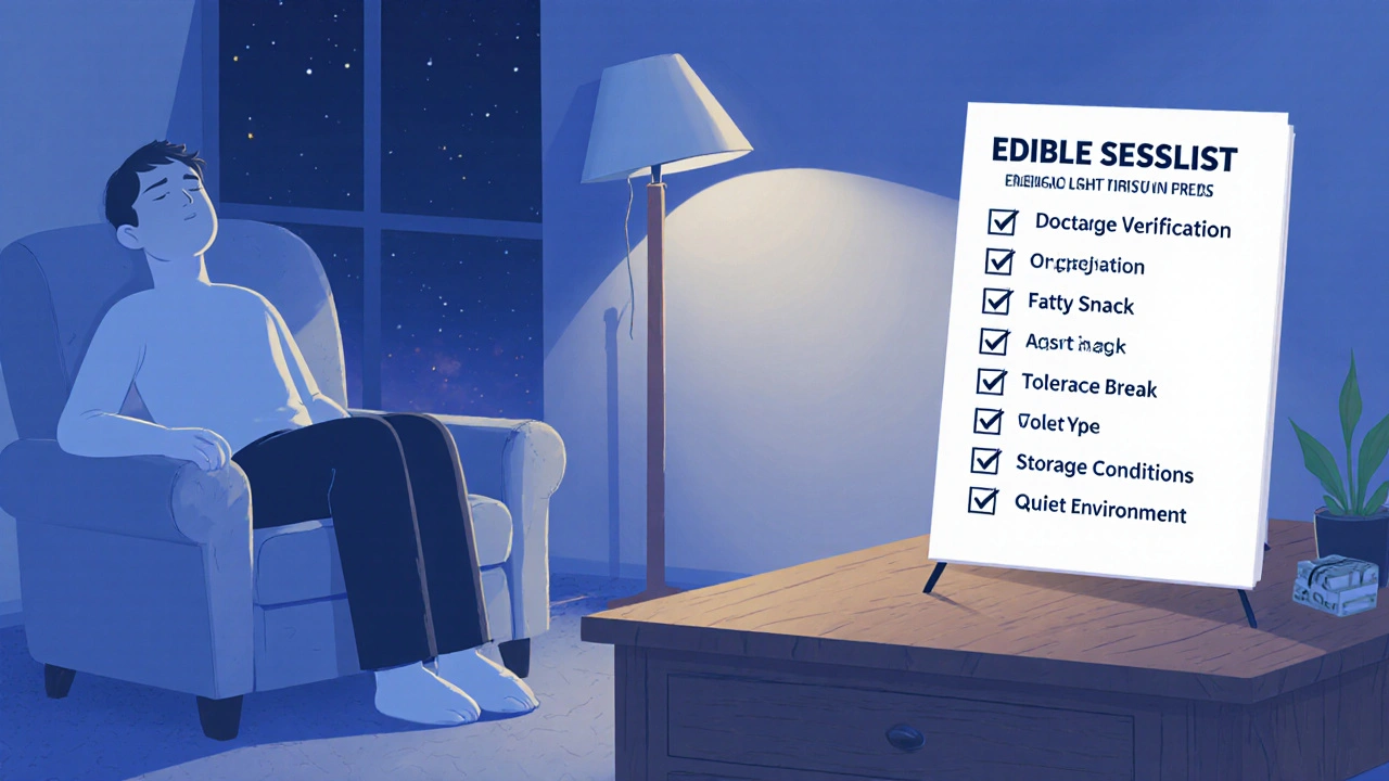 Checkliste für Edible‑Session auf Tisch in entspannter Wohnzimmerecke.