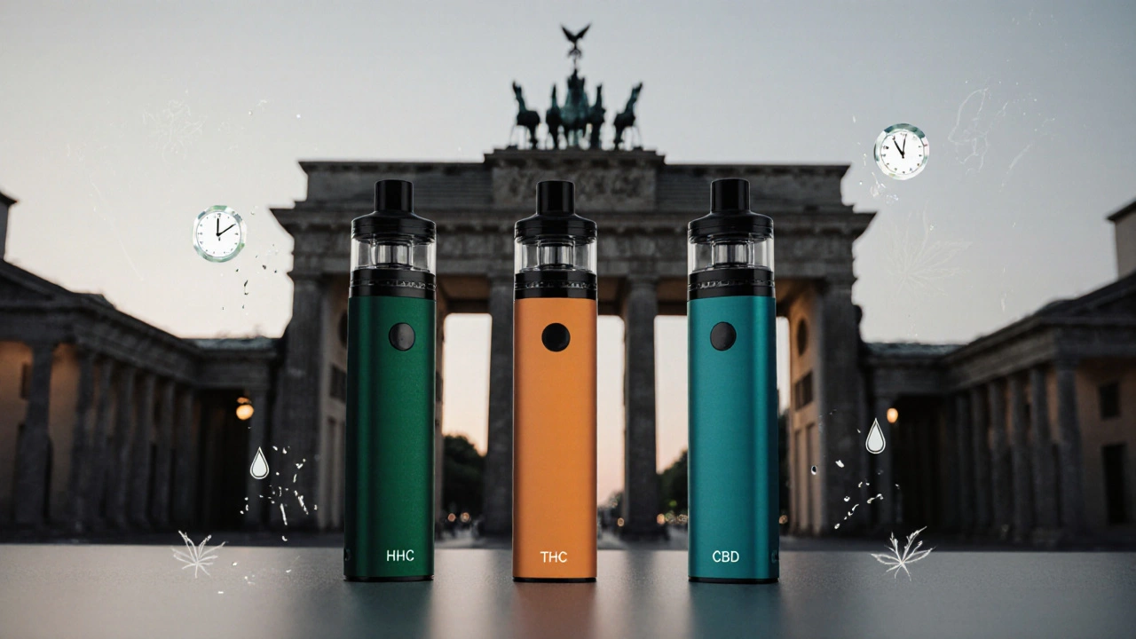 Drei Vape‑Pens (grün, orange, teal) auf Tisch, im Hintergrund schemenhafte Brandenburg‑Tor‑Silhouette.