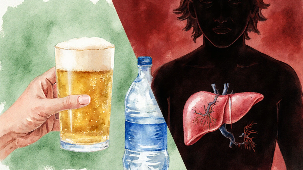 Gegenüberstellung: verantwortungsvolles Trinken neben geschädigter Leber und Herz.