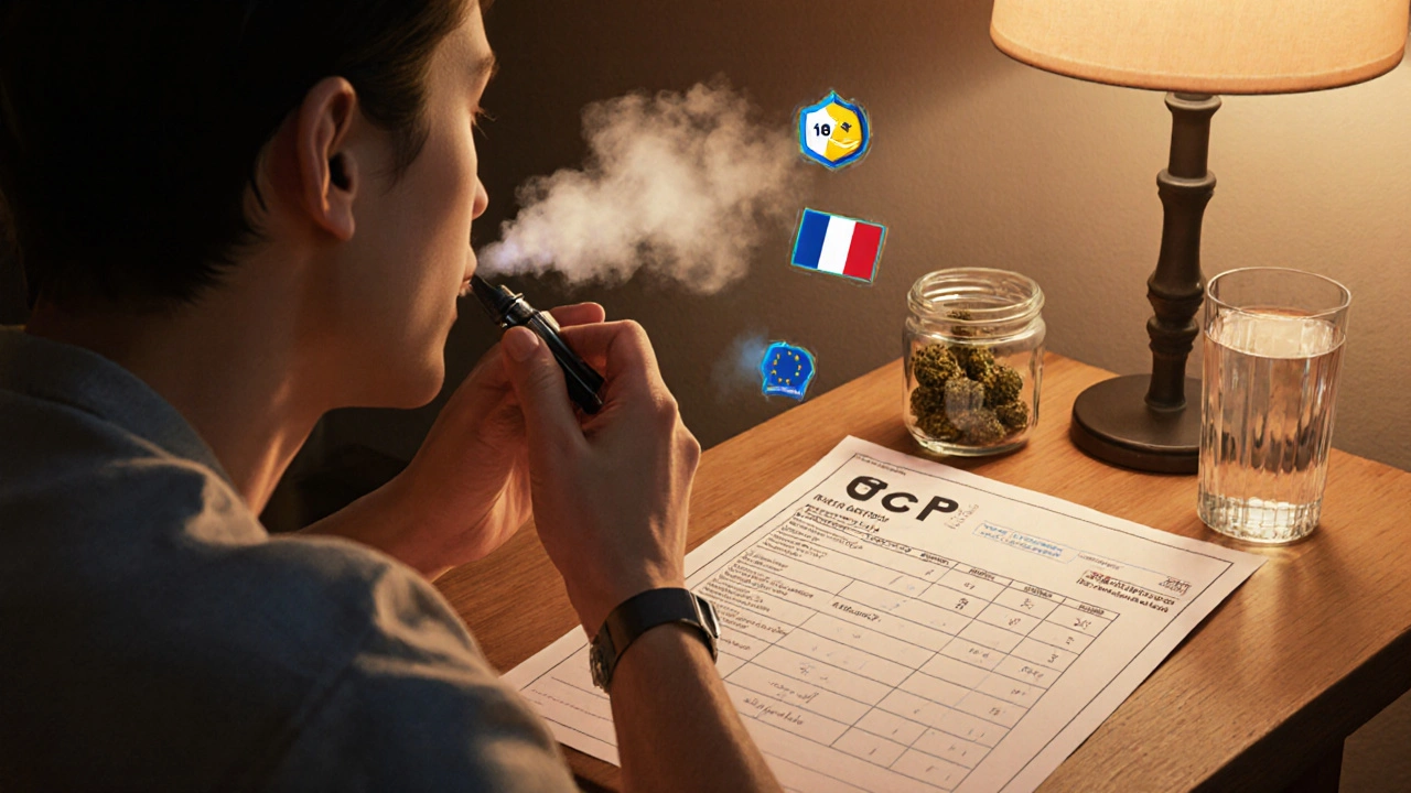 Gemütliche Wohnszene mit Vape‑Pen, COA‑Papier, Wasser und Symbolen für legale Nutzung.