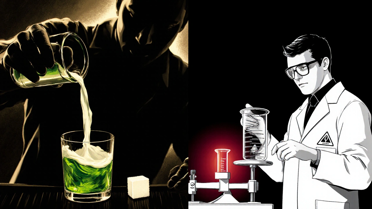 Geteilte Szene: Absinthe‑Louche und Laborperson mit klarer Spirituose, beide betont.