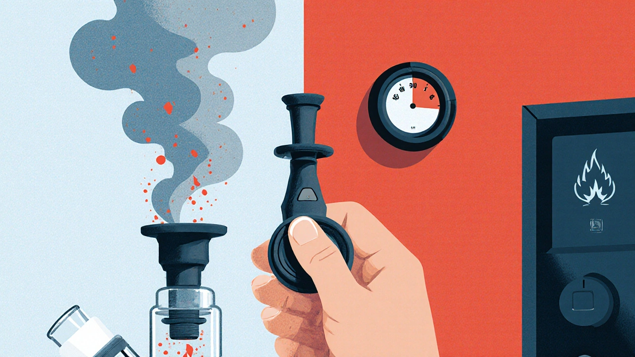 Hand hält einen Thermometer‑Zeiger bei über 300 °C, während blauer Dampf steigt.