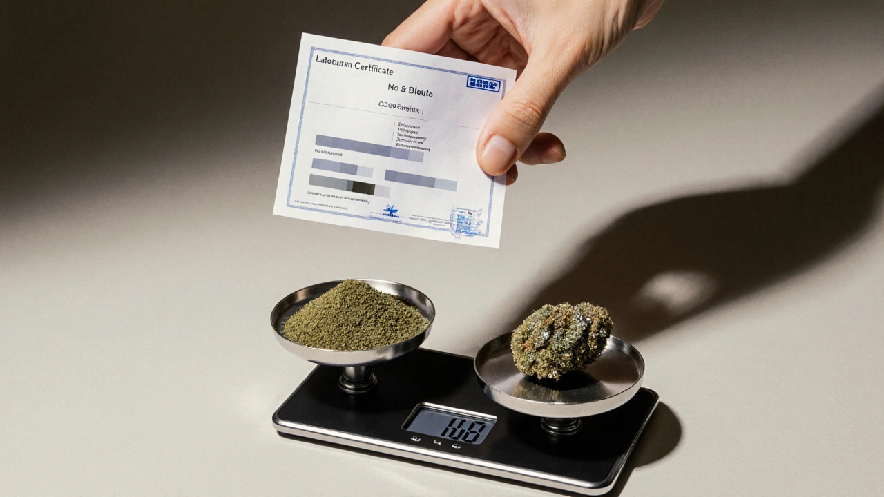 Hand, Laborzertifikat und Waage balancieren CBD‑Blüte gegen hochwertiges Bud.