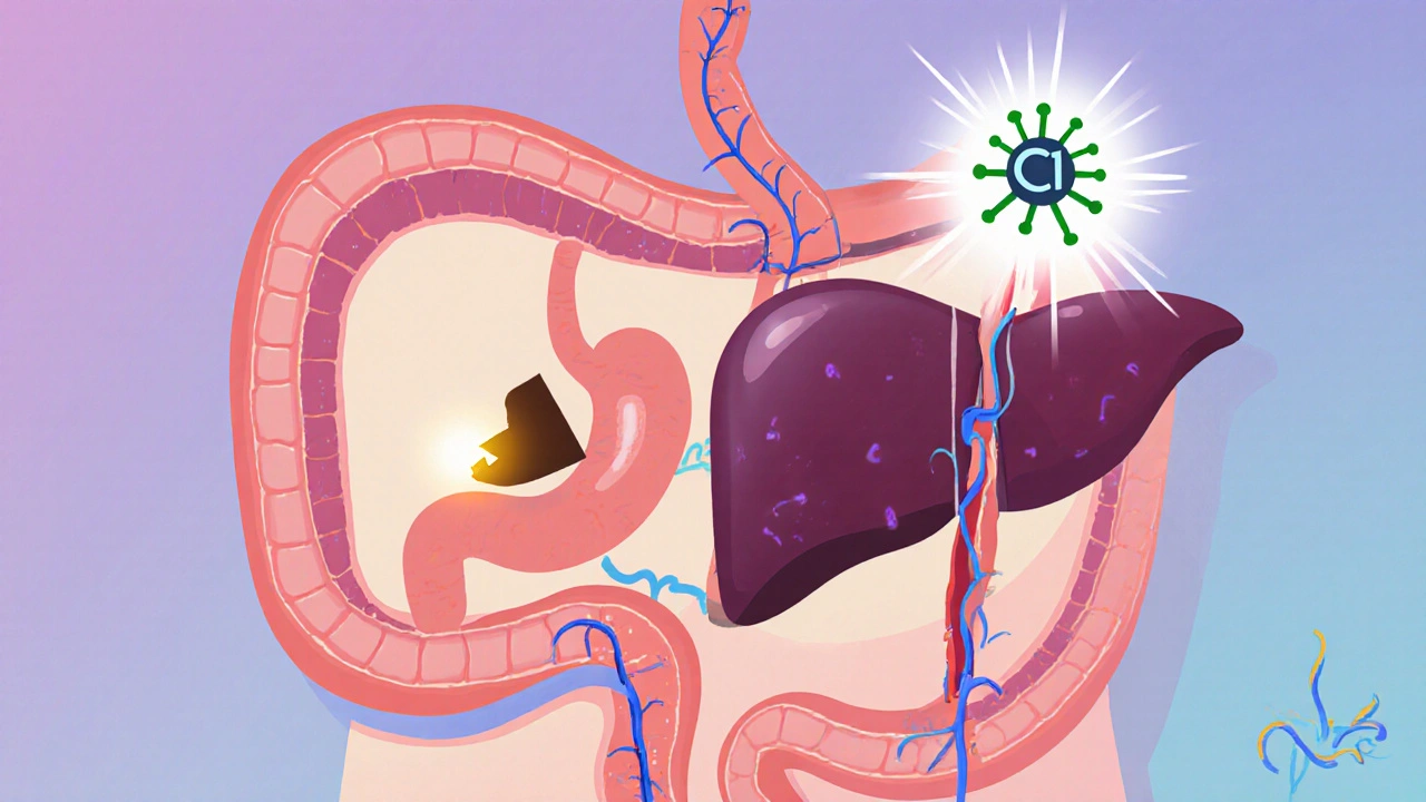 Illustration des Weges eines CBD‑Edible von Magen über Leber zu einem CB1‑Rezeptor.