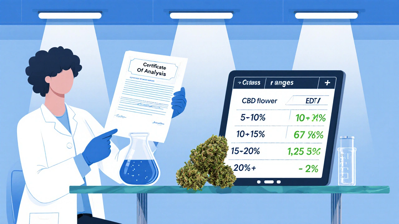 Illustration eines Labors, in dem ein COA neben einer CBD‑Blüte und einer Prozent‑Tabelle liegt.