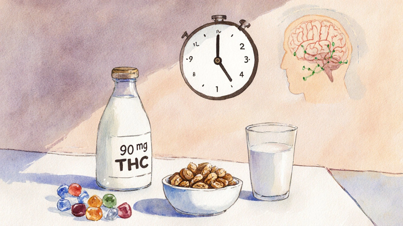 Küchen-Setting mit fettigem Snack, Edible-Gummis und Uhr‑Symbol für 90‑Minuten‑Wartezeit.