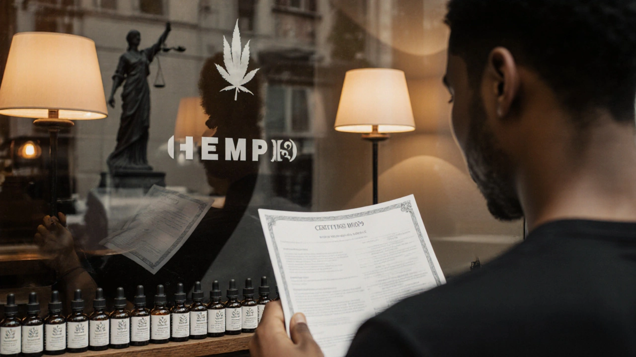 Kunde prüft ein Analysezertifikat neben CBD‑Fläschchen im Laden.