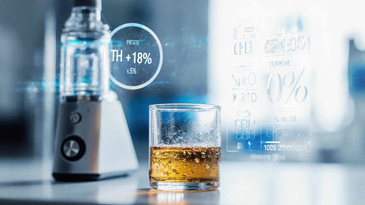 Laborarbeitsplatz mit Glasfläschchen, Vaporizer und schwebenden THC‑ und Terpen‑Werten.