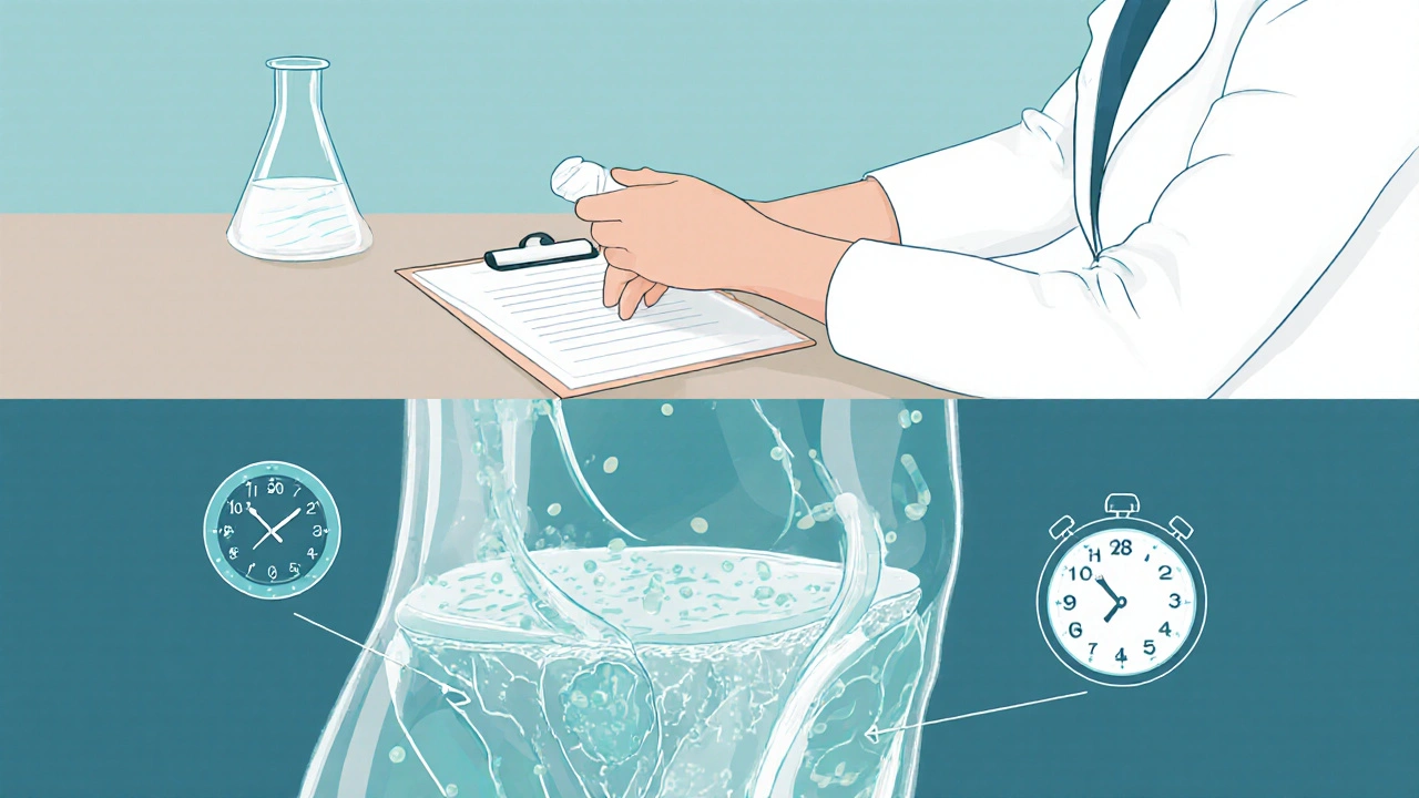 Medizinische Illustration zeigt Hautschichten und Zeitablauf nach Cremenanwendung.