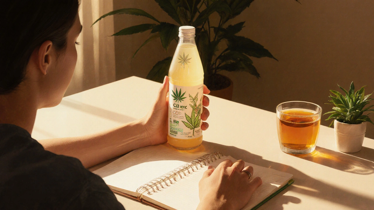 Mittags sitzt jemand mit CBD-Getränk am Schreibtisch, ruhig und konzentriert.