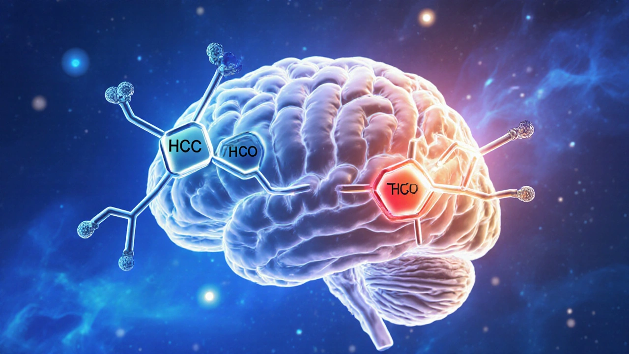 Molekulare Strukturen von THCa und THCV über einem Gehirn mit CB1-Rezeptoren.