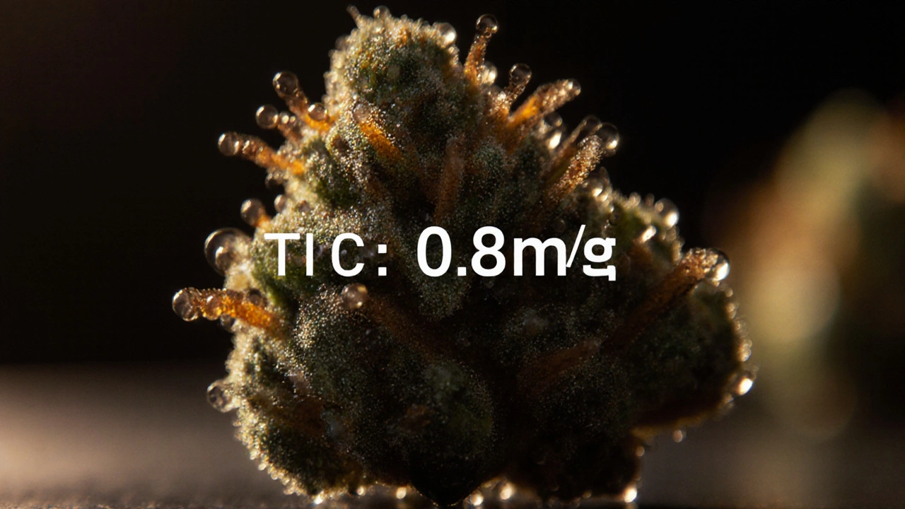 Nahaufnahme eines mit Harz bedeckten Gorilla‑Glue‑Bud, glänzende Trichome und THCP‑Wert eingeblendet.