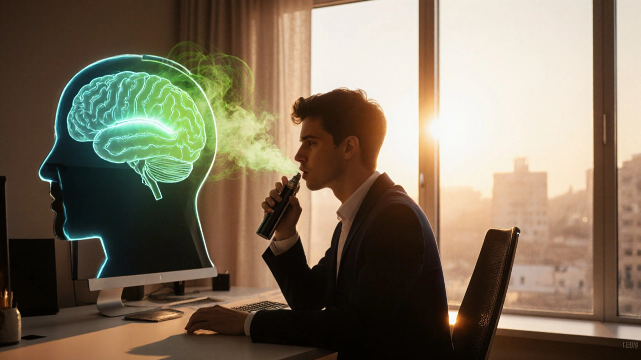 Person am Schreibtisch, nutzt Vaporizer, umgeben von Fokus‑Aura und leuchtendem Gehirn.