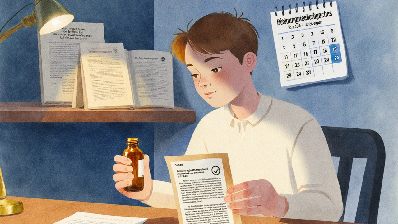 Person prüft CBG‑Öl und Analysezertifikat, Kalender und deutsches Gesetzbuch im Hintergrund.