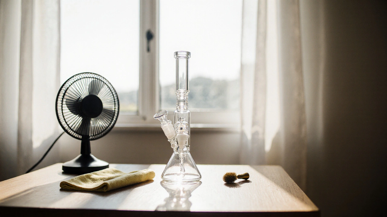Sauberes Dab‑Rig neben offener Fenster, mit Reinigungstüchern und Ventilator.