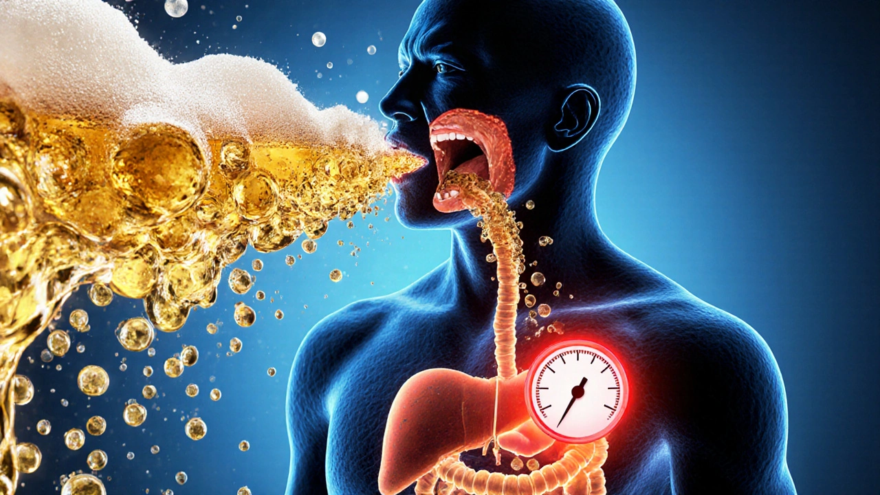 Schneller Bierfluss in Mund, schäumende Magensäcke und steigender Alkoholwert im Körper.