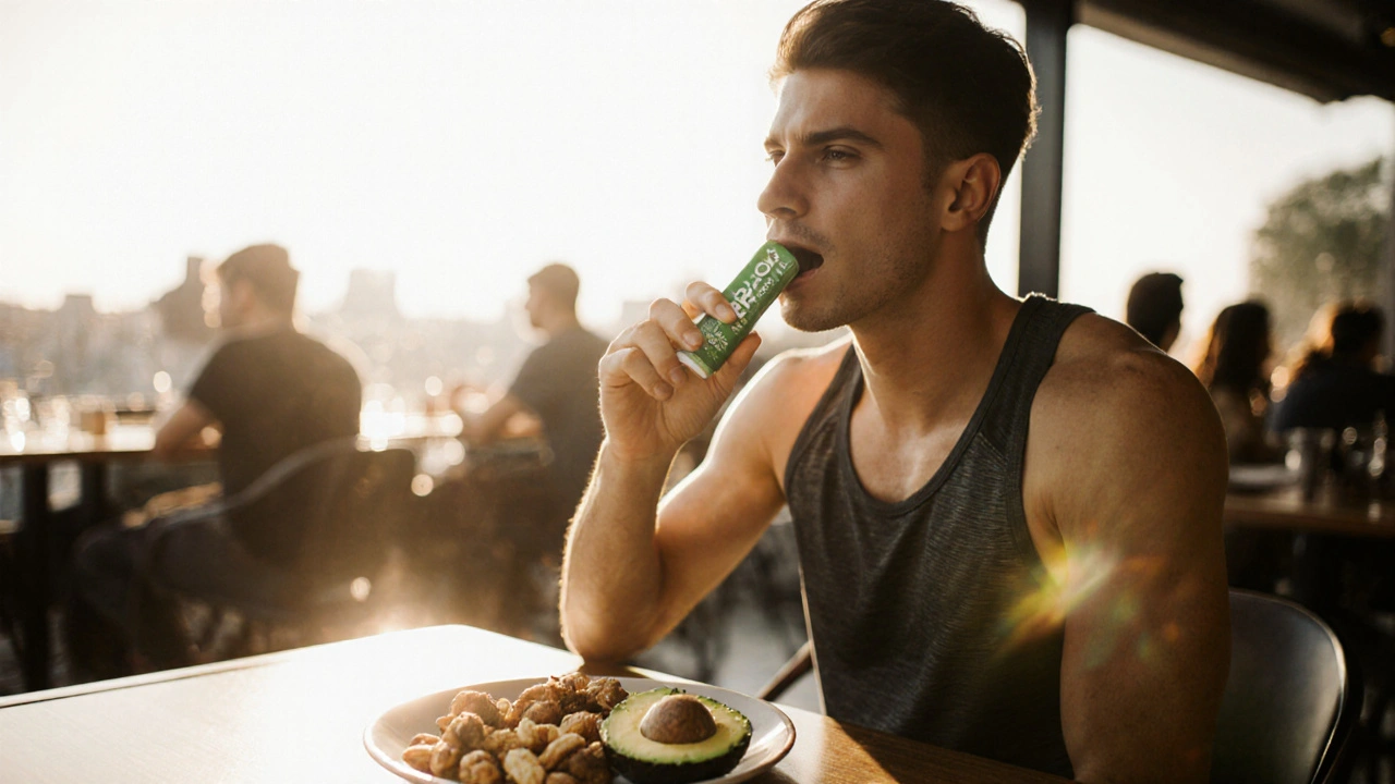 Sportlich gekleidete Person kaut CBD‑Kaugummi neben Avocado‑ und Nuss‑Snack in Café.