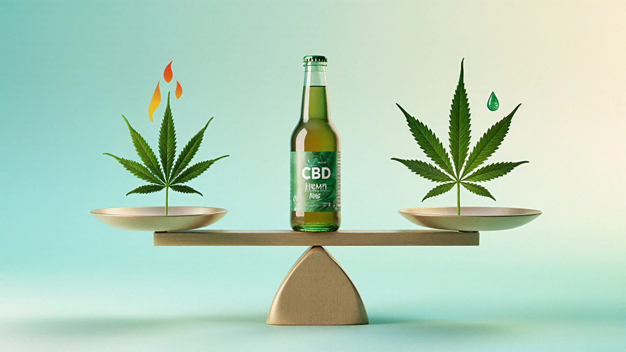 Waage mit THC‑Blatt und CBD‑Blatt im Gleichgewicht, Flasche in der Mitte.