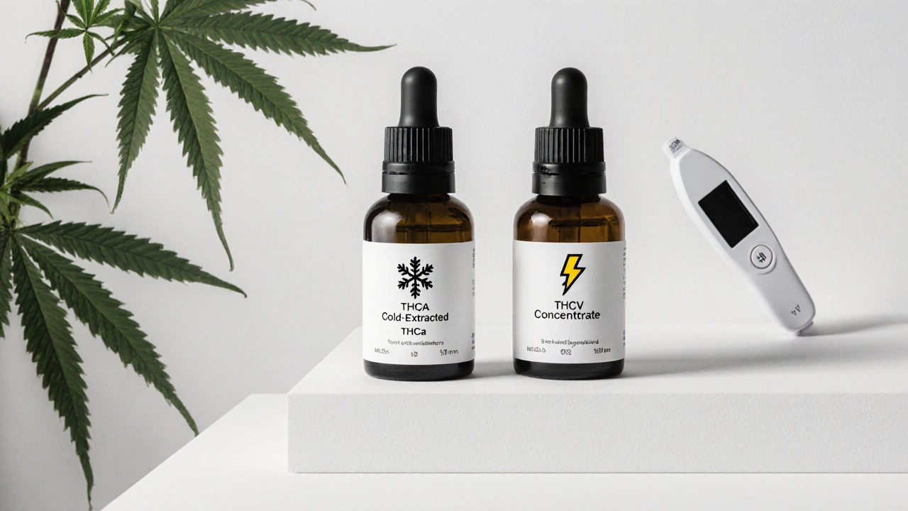Zwei Cannabinoid-Produkte mit Kennzeichnungen auf einem hellen Regal, neben botanischen und medizinischen Symbolen.