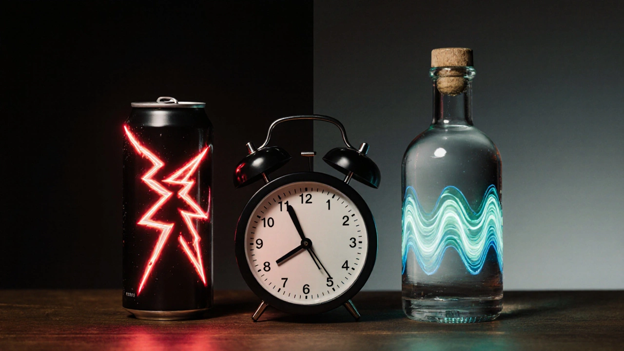 Zwei Getränke im Vergleich: Energie-Drink mit Stresslinien und CBD-Getränk mit beruhigenden Wellen.