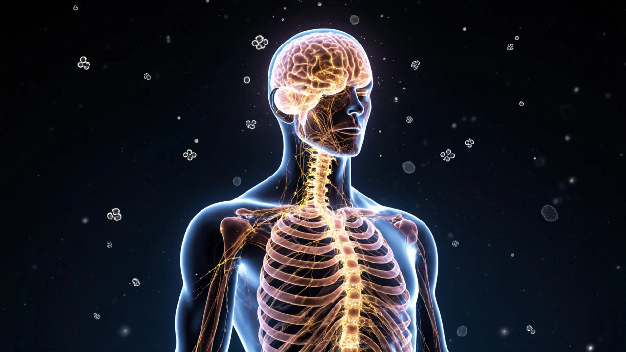 Abstrakte Darstellung des Endocannabinoïd-Systems mit goldenen Verbindungen im Körper.