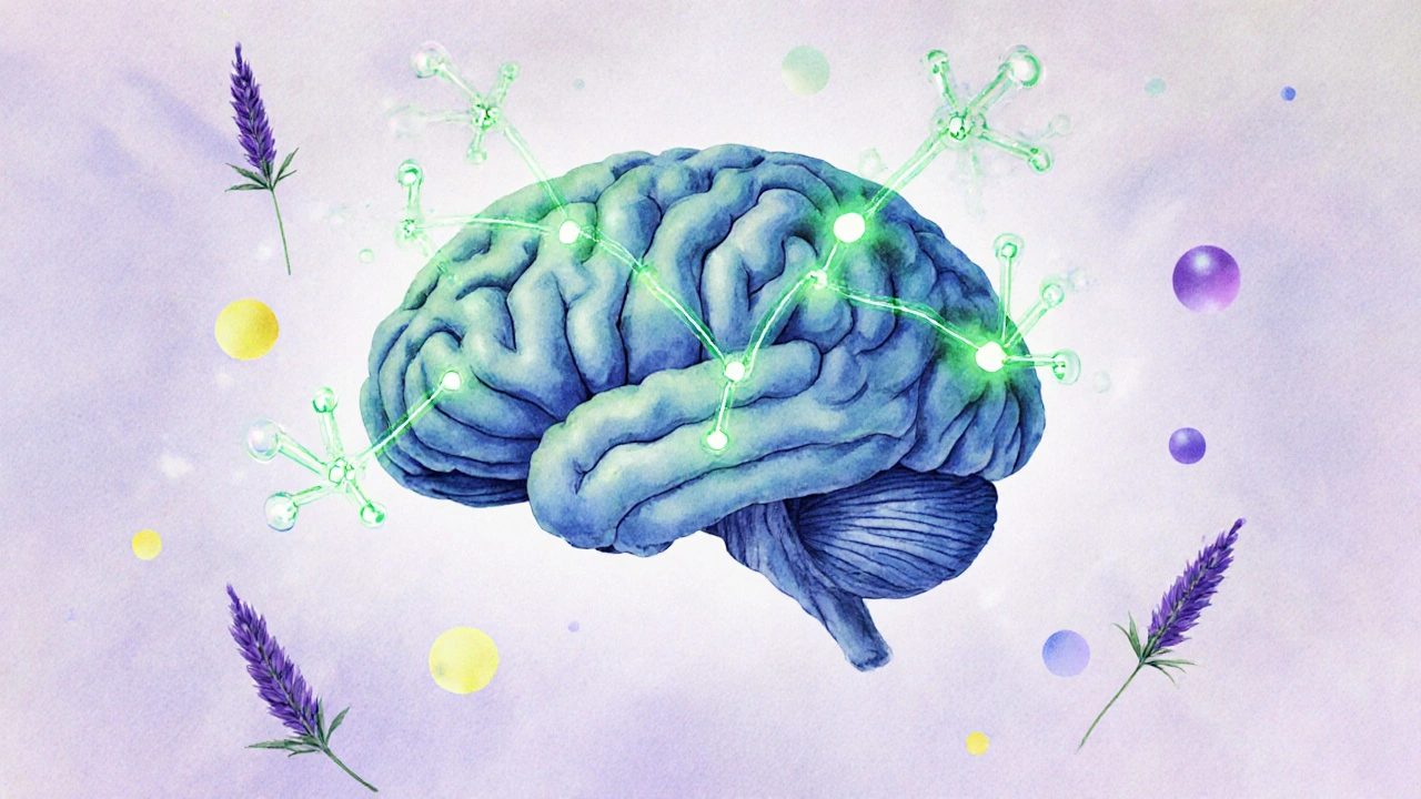 Abstrakte Darstellung eines Gehirns mit CBD-Molekülen, die beruhigend auf Rezeptoren wirken.