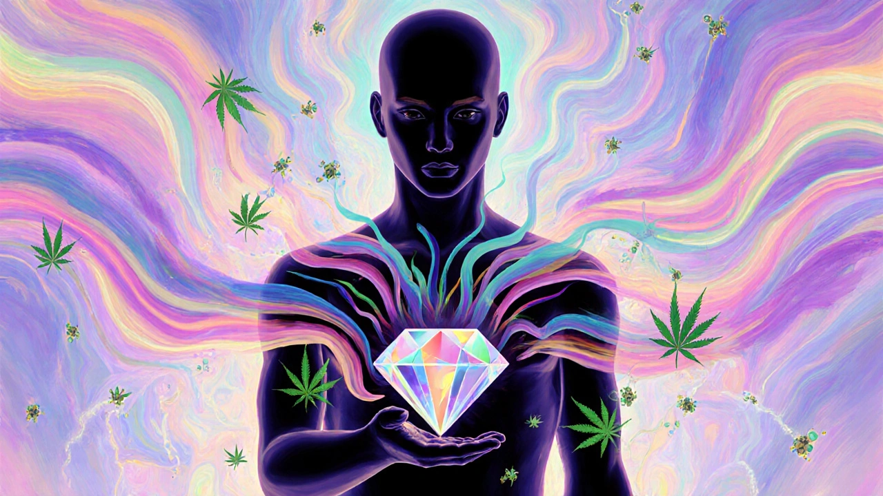 Abstrakte Silhouette mit energetischen Wellen, die von einem THC-Diamanten ausgehen, in surrealer Farbpalette.