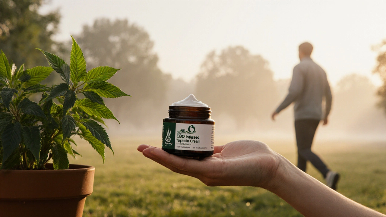 CBD-Creme neben einer Pflanze, Symbol für natürliche Heilung und Beweglichkeit.