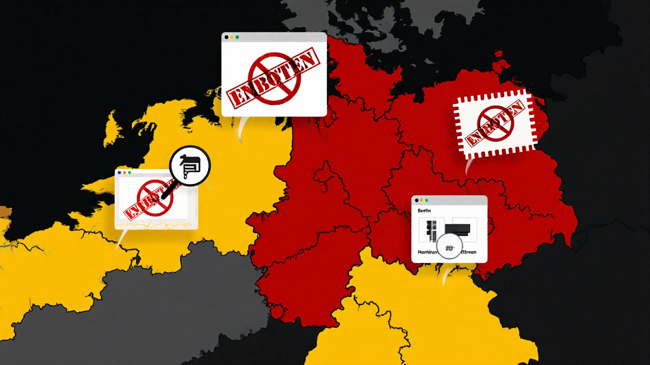 Deutsche Landkarte mit rot markierten Verboten und gelben Warnhinweisen für THCP.