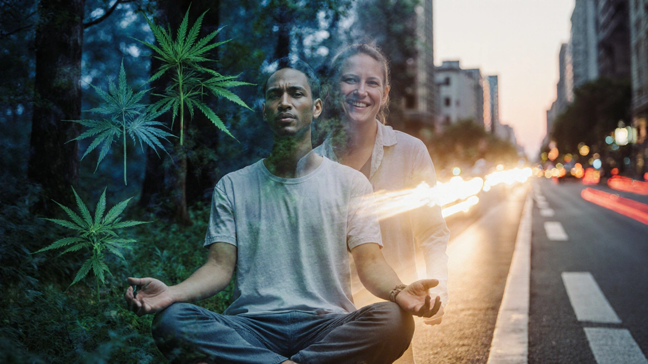 Doppelbelichtung: Meditierende Person in der Natur und eine leicht leuchtende Figur in der Stadt.