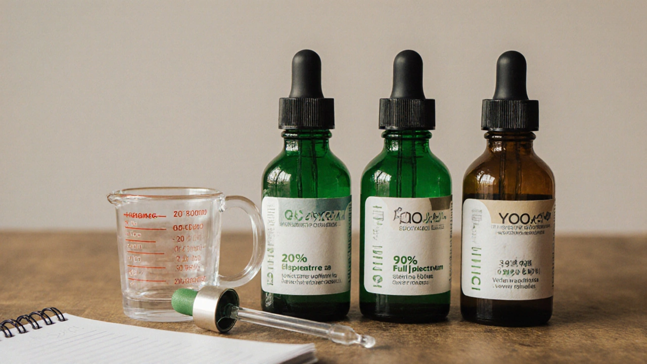 Drei CBD-Öl-Flaschen mit unterschiedlichen Konzentrationen auf Holztablett.