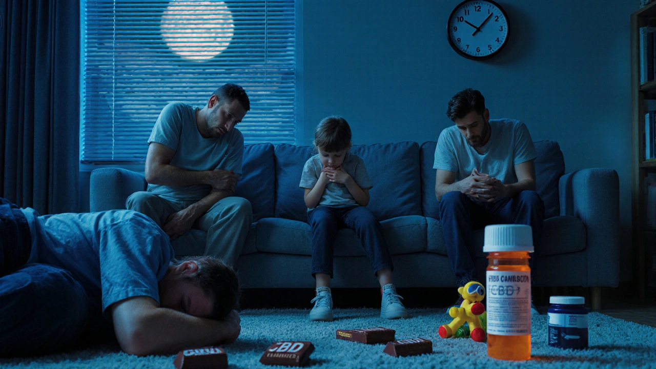 Drei Menschen in unterschiedlichen Reaktionen auf zu viel CBD: schläft, übel, benommen – umgeben von Schokoladenverpackungen und Medikamentenflaschen.