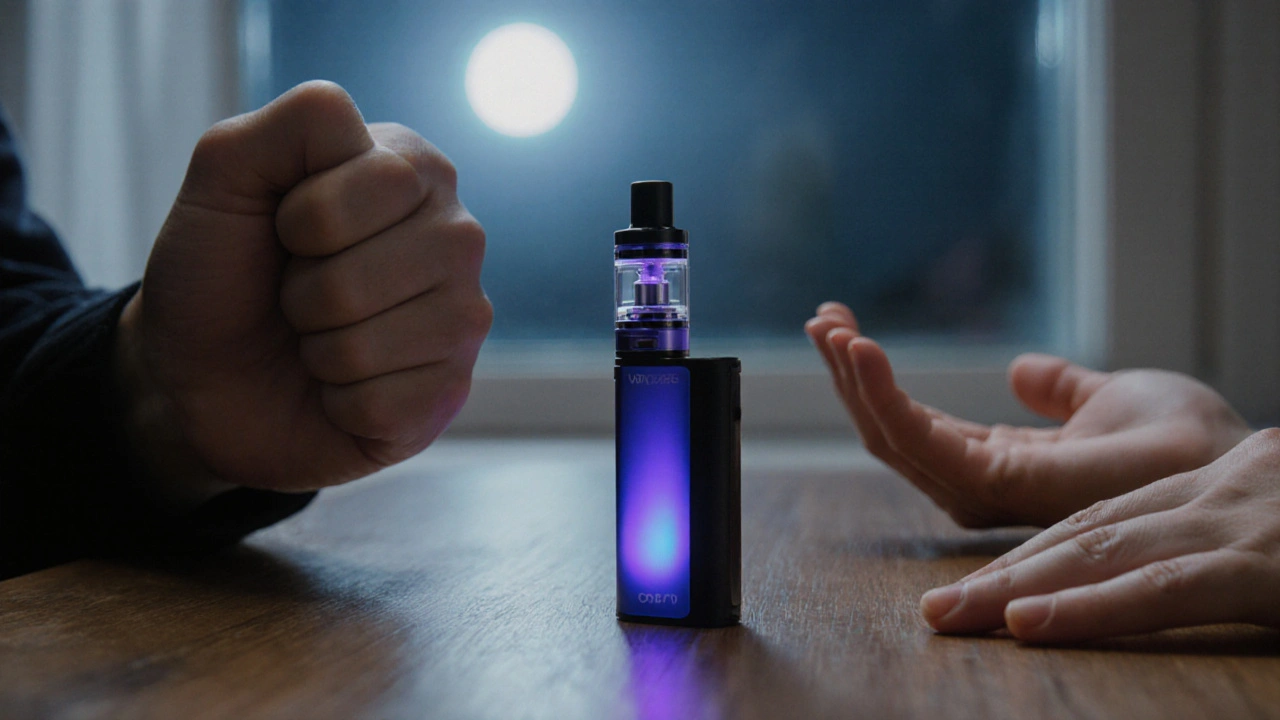 Drei Objekte symbolisieren den Übergang von Stress zur Ruhe: geballte Faust, CBD-Vape und offene Hand.