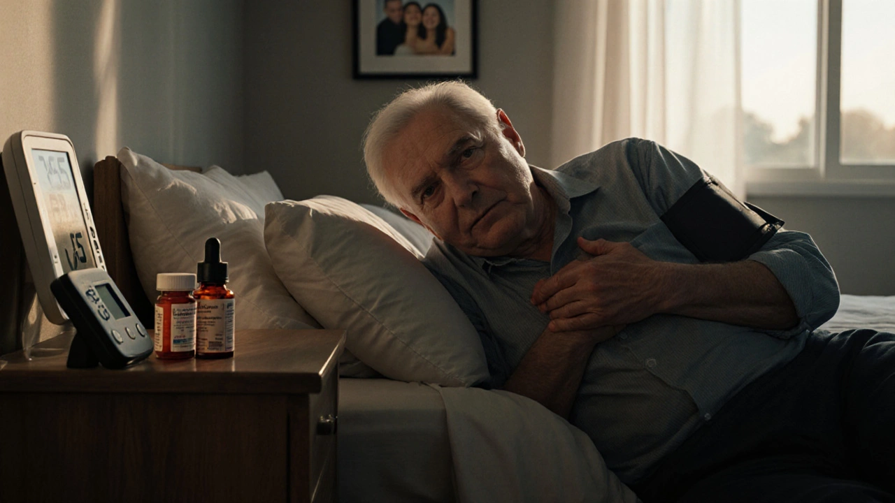 Ein älterer Mann stürzt auf dem Boden, Blutdruckmessgerät zeigt kritisch niedrigen Wert.