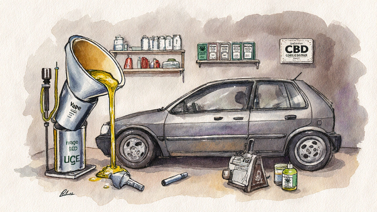 Ein Auto wird mit CBD-Öl betankt, während andere Kraftstoffe danebenliegen.