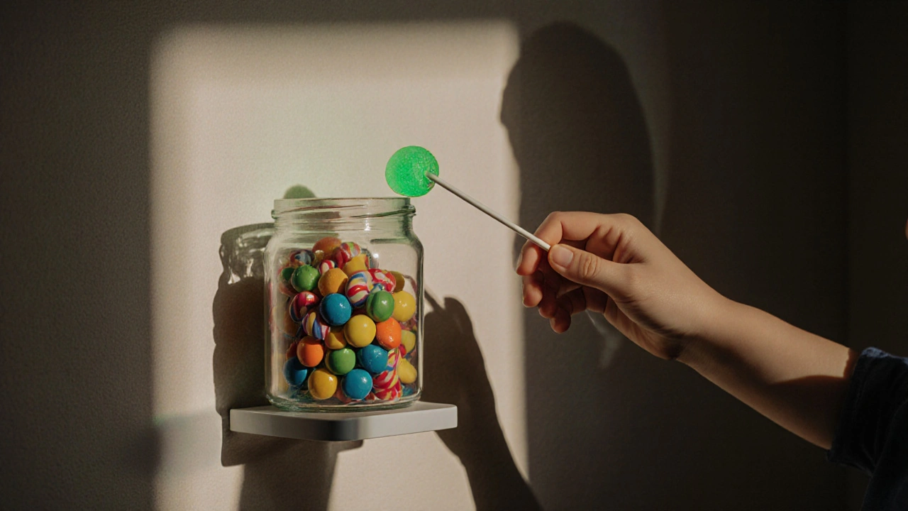 Ein Kind greift nach einer Süßigkeitendose, in der ein lichtblauer Lutscher zwischen normalen Lutschern liegt.