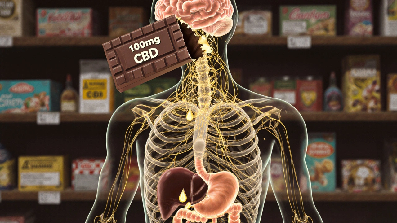 Ein menschlicher Körper mit überlastetem Endocannabinoid-System, goldenen Fäden, die von einer aufbrechenden CBD-Schokolade überflutet werden.