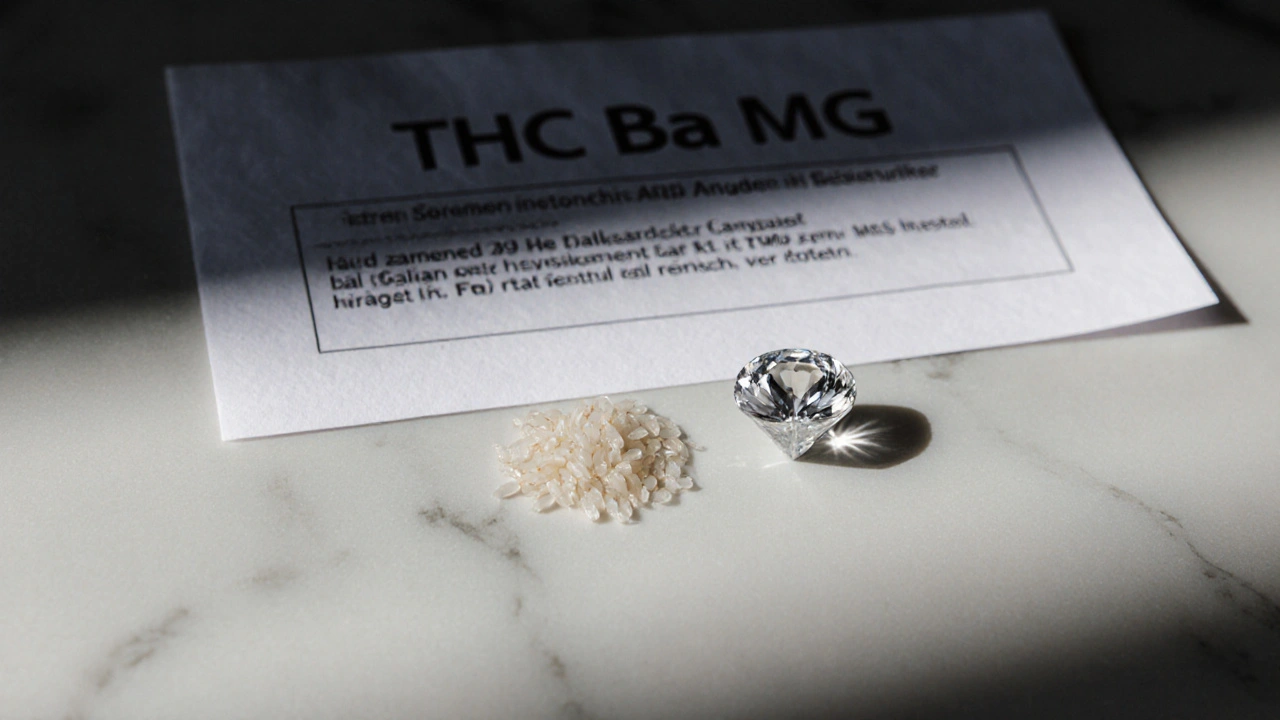 Ein Reiskorn neben einem THC-Diamanten auf Marmor, mit unscharfem rechtlichem Dokument im Hintergrund.