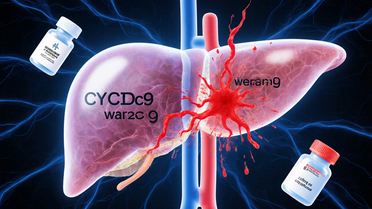 Ein transparenter Leberquerschnitt zeigt CBD und Blutverdünner, die im Enzymsystem kollidieren.