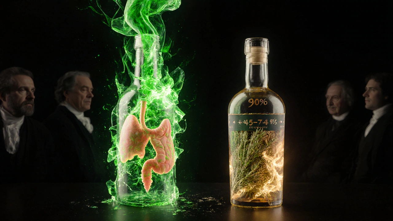 Ein zerbrochener Flaschenhals mit grünem Dampf, der zu verbrannten Organen wird, während eine andere Flasche sanft leuchtet.