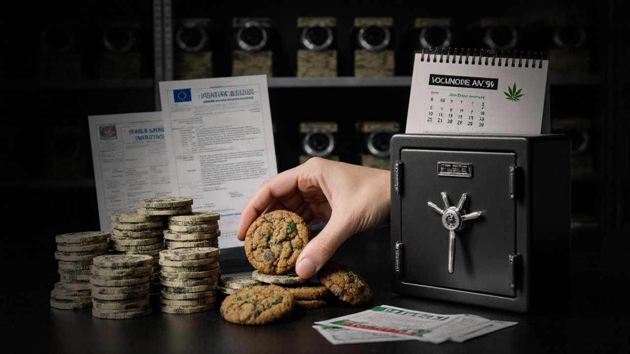 Eine Cannabis-Cookie neben Bargeld und einem gesicherten Tresor, symbolisiert die hohen Kosten durch fehlende Bankzugänge.