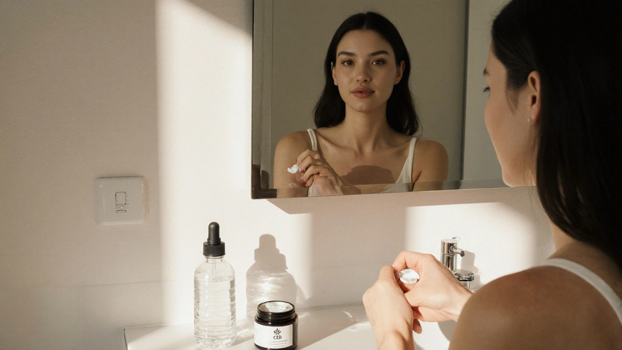 Frau trägt CBD-Creme auf ihre Haut auf, sonniges Badezimmer, keine Aufnahme ins Blut.