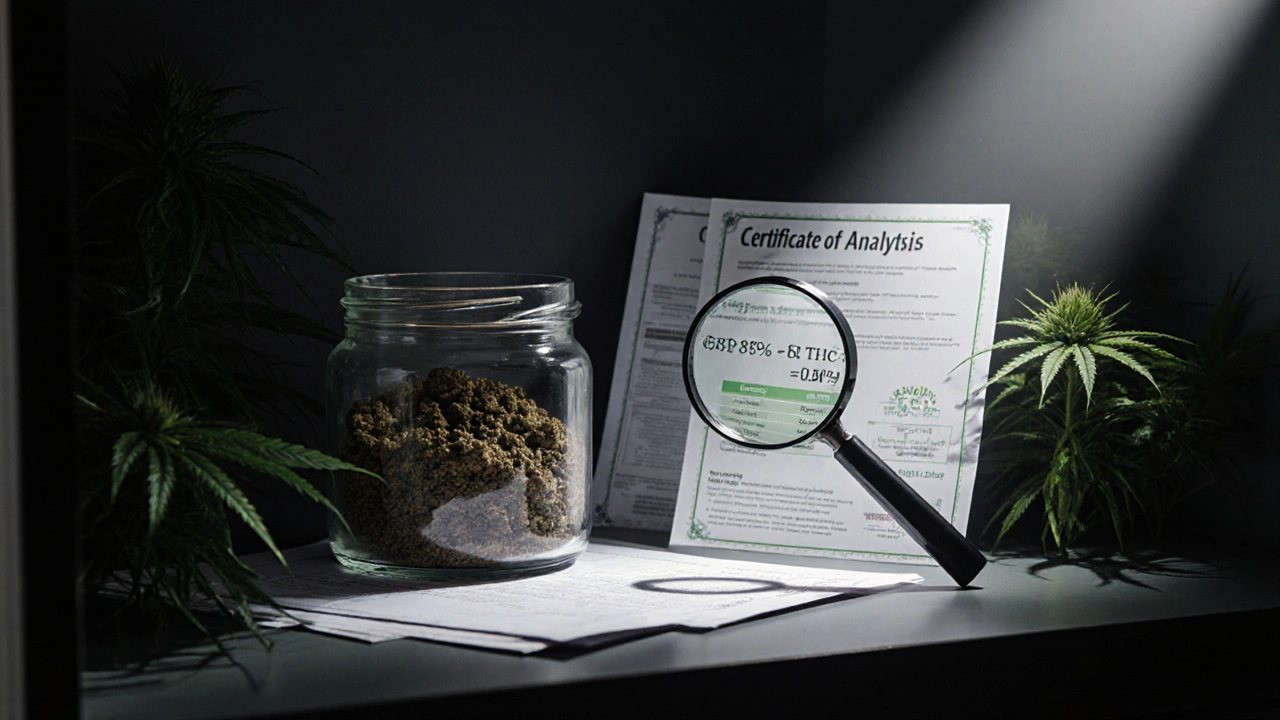 Glasbehälter mit CBD-Crumble in einem dunklen Schrank neben Laborberichten und Hanfpflanzen.