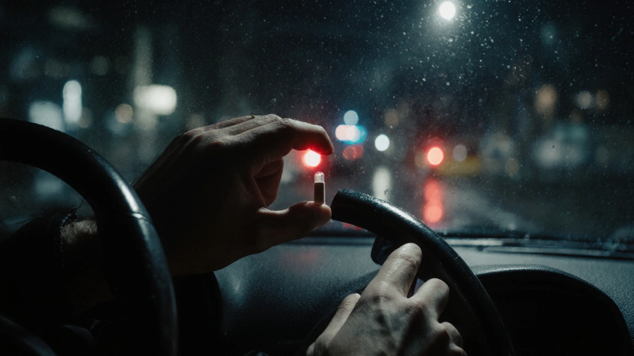 Hand mit THCP-Kapsel neben Autolenkrad, rotes Polizeilicht reflektiert auf Glas.