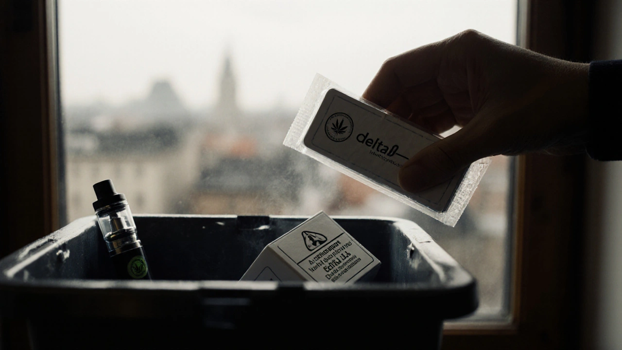 Hand wirft unsichere Delta-8-Cartusche in den Müll, daneben ein zertifiziertes Produkt