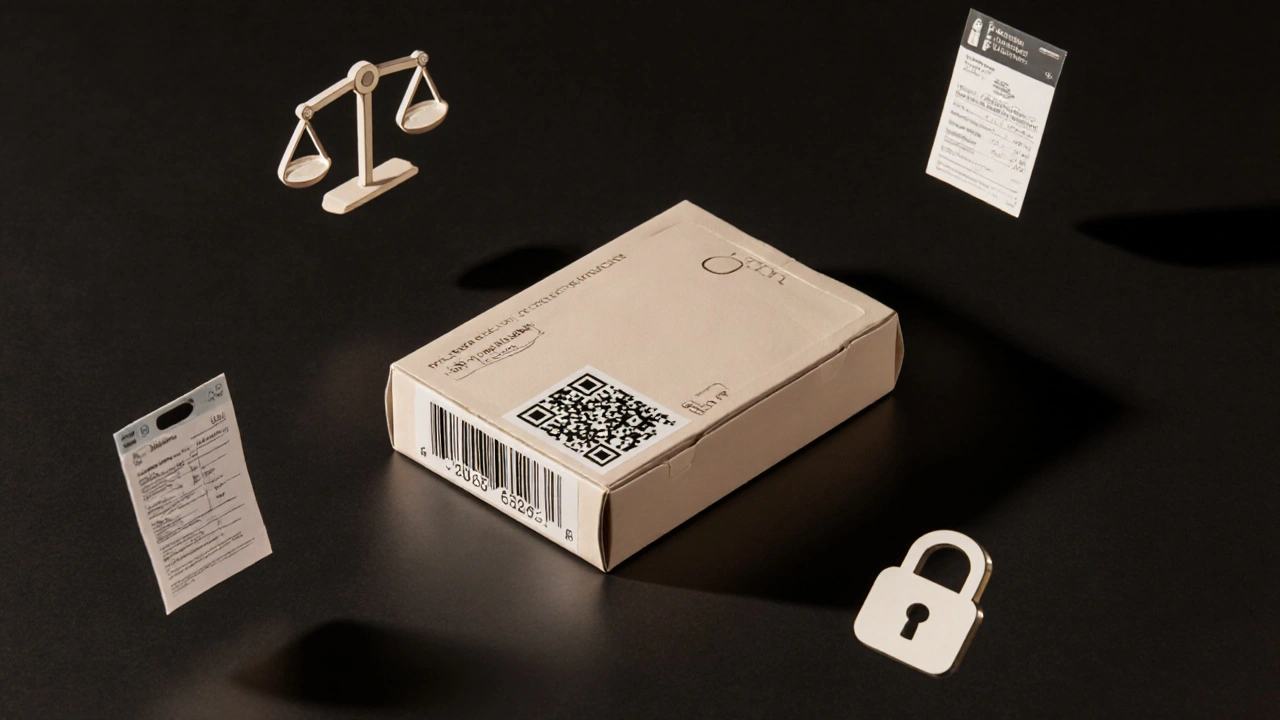 Hochwertige Verpackung eines Cannabis-Edibles mit klaren Warnhinweisen und QR-Code auf schwarzem Hintergrund.