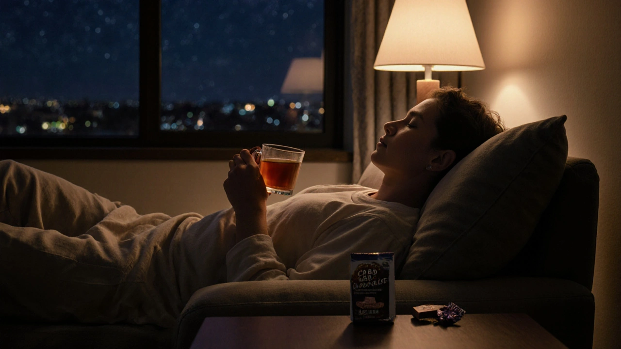 Jemand entspannt auf dem Sofa abends mit Tee und einer CBD-Schokolade-Verpackung neben sich, ruhige Abendstimmung.
